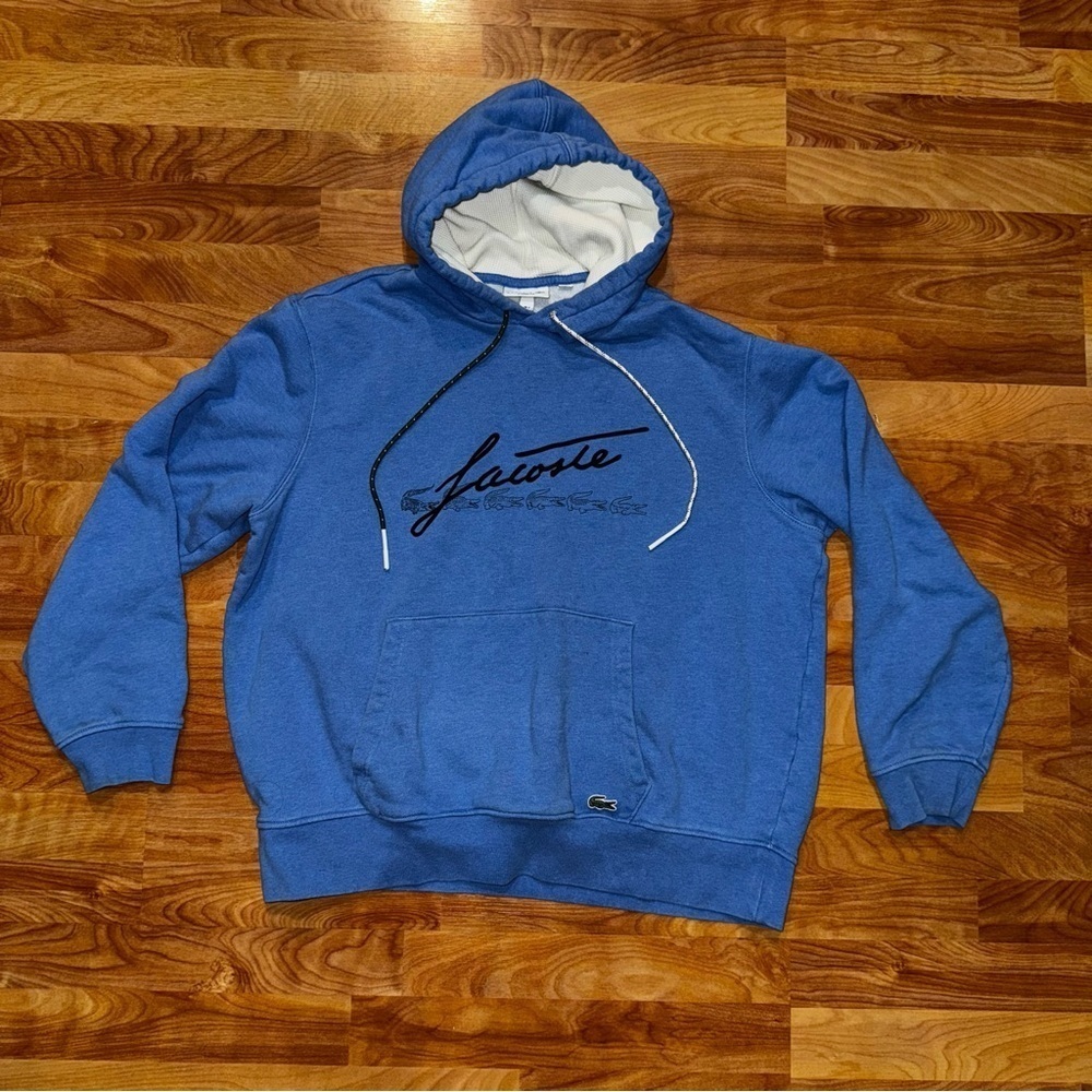 Mens Lacoste Graphic Signature Pullover Hoodie 2XL Light Blue 7 Originally $155